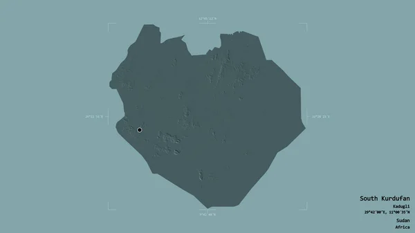 南クルドファン スーダンの状態の地域は 洗練された境界ボックス内の強固な背景に隔離されました ラベル 色の標高マップ 3Dレンダリング — ストック写真