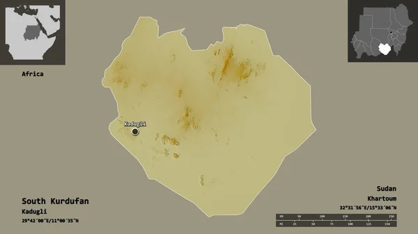 南クルドファンの形状 スーダンの状態 およびその首都 距離スケール プレビューおよびラベル 地形図 3Dレンダリング — ストック写真