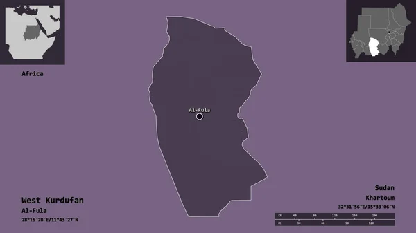 西クルドファンの形 スーダンの状態 そしてその首都 距離スケール プレビューおよびラベル 色の標高マップ 3Dレンダリング — ストック写真
