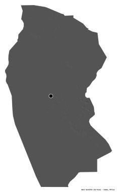 Batı Kurdufan, Sudan eyaleti, başkenti beyaz arka planda izole edilmiştir. Çift seviyeli yükseklik haritası. 3B görüntüleme