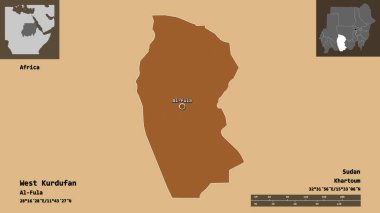 Batı Kurdufan 'ın şekli, Sudan eyaleti ve başkenti. Uzaklık ölçeği, ön gösterimler ve etiketler. Desenli dokuların bileşimi. 3B görüntüleme