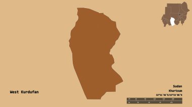 Batı Kurdufan 'ın şekli, Sudan eyaleti, başkenti sağlam arka planda izole edilmiş. Uzaklık ölçeği, bölge önizlemesi ve etiketleri. Desenli dokuların bileşimi. 3B görüntüleme