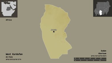 Batı Kurdufan 'ın şekli, Sudan eyaleti ve başkenti. Uzaklık ölçeği, ön gösterimler ve etiketler. Topografik yardım haritası. 3B görüntüleme