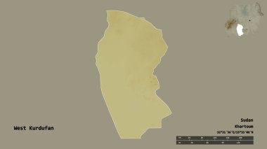 Batı Kurdufan 'ın şekli, Sudan eyaleti, başkenti sağlam arka planda izole edilmiş. Uzaklık ölçeği, bölge önizlemesi ve etiketleri. Topografik yardım haritası. 3B görüntüleme