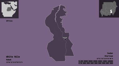 Beyaz Nil 'in şekli, Sudan eyaleti ve başkenti. Uzaklık ölçeği, ön gösterimler ve etiketler. Renkli yükseklik haritası. 3B görüntüleme
