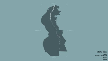 Beyaz Nil bölgesi, Sudan eyaleti, katı bir arka planda izole edilmiş bir sınır kutusunda. Etiketler. Renkli yükseklik haritası. 3B görüntüleme