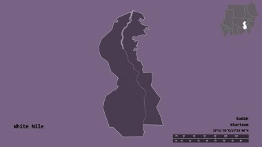Beyaz Nil 'in şekli, Sudan eyaleti, başkenti sağlam bir zemin üzerinde izole edilmiş. Uzaklık ölçeği, bölge önizlemesi ve etiketleri. Renkli yükseklik haritası. 3B görüntüleme