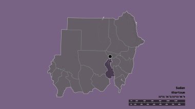 Başkenti, ana bölgesel bölümü ve ayrılmış Beyaz Nil bölgesi ile Sudan 'ın dejenere edilmiş şekli. Etiketler. Renkli yükseklik haritası. 3B görüntüleme