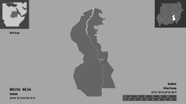 Beyaz Nil 'in şekli, Sudan eyaleti ve başkenti. Uzaklık ölçeği, ön gösterimler ve etiketler. Çift seviyeli yükseklik haritası. 3B görüntüleme