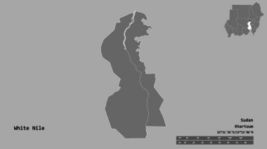 Beyaz Nil 'in şekli, Sudan eyaleti, başkenti sağlam bir zemin üzerinde izole edilmiş. Uzaklık ölçeği, bölge önizlemesi ve etiketleri. Çift seviyeli yükseklik haritası. 3B görüntüleme