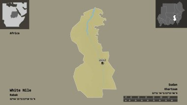 Beyaz Nil 'in şekli, Sudan eyaleti ve başkenti. Uzaklık ölçeği, ön gösterimler ve etiketler. Topografik yardım haritası. 3B görüntüleme