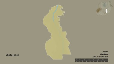 Beyaz Nil 'in şekli, Sudan eyaleti, başkenti sağlam bir zemin üzerinde izole edilmiş. Uzaklık ölçeği, bölge önizlemesi ve etiketleri. Topografik yardım haritası. 3B görüntüleme
