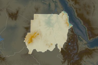 Sudan 'ın şekli, komşu bölgelerin dedoygunluğuyla ayrılır. Sınırlar. Topografik yardım haritası. 3B görüntüleme