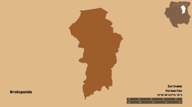 Surinam 'ın Brokopondo ilçesi, başkenti sağlam arka planda izole edilmiş. Uzaklık ölçeği, bölge önizlemesi ve etiketleri. Desenli dokuların bileşimi. 3B görüntüleme