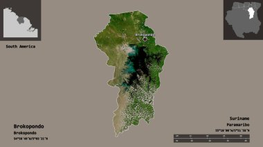 Brokopondo 'nun şekli, Surinam bölgesi ve başkenti. Uzaklık ölçeği, ön gösterimler ve etiketler. Uydu görüntüleri. 3B görüntüleme
