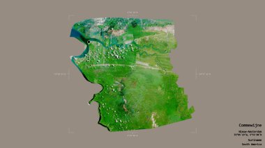 Commewijne bölgesi, Surinam bölgesi, sağlam bir arka planda izole edilmiş bir sınır kutusunda. Etiketler. Uydu görüntüleri. 3B görüntüleme