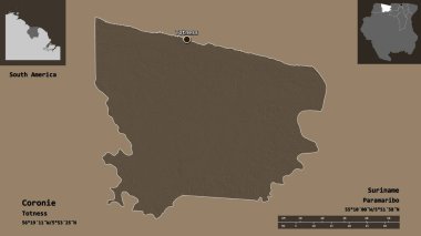 Coronie 'nin şekli, Surinam bölgesi ve başkenti. Uzaklık ölçeği, ön gösterimler ve etiketler. Renkli yükseklik haritası. 3B görüntüleme