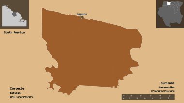 Coronie 'nin şekli, Surinam bölgesi ve başkenti. Uzaklık ölçeği, ön gösterimler ve etiketler. Desenli dokuların bileşimi. 3B görüntüleme