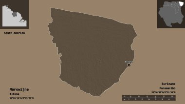 Marowijne Şekli, Surinam Bölgesi ve başkenti. Uzaklık ölçeği, ön gösterimler ve etiketler. Renkli yükseklik haritası. 3B görüntüleme