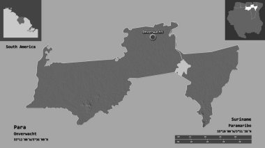 Surinam ilçesi Para 'nın şekli ve başkenti. Uzaklık ölçeği, ön gösterimler ve etiketler. Çift seviyeli yükseklik haritası. 3B görüntüleme
