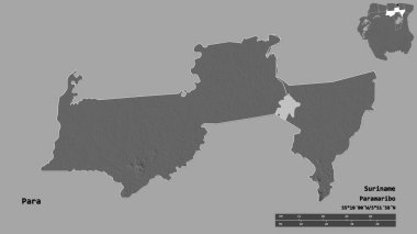 Suriname ilçesi Para 'nın şekli, sermayesi sağlam arka planda izole edilmiş. Uzaklık ölçeği, bölge önizlemesi ve etiketleri. Çift seviyeli yükseklik haritası. 3B görüntüleme