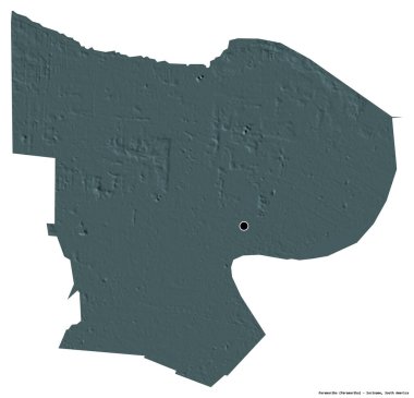 Surinam 'ın Paramaribo ilçesi, başkenti beyaz arka planda izole edilmiş. Renkli yükseklik haritası. 3B görüntüleme