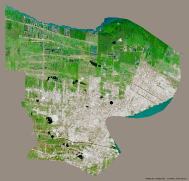 Suriname ilçesi Paramaribo 'nun şekli, başkenti katı renk arkaplanı ile izole edilmiş. Uydu görüntüleri. 3B görüntüleme