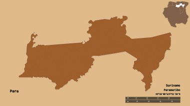 Suriname ilçesi Para 'nın şekli, sermayesi sağlam arka planda izole edilmiş. Uzaklık ölçeği, bölge önizlemesi ve etiketleri. Desenli dokuların bileşimi. 3B görüntüleme