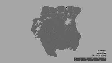 Başkenti, ana bölgesel bölümü ve ayrılmış Saramacca bölgesiyle Surinam 'ın dejenere edilmiş şekli. Etiketler. Çift seviyeli yükseklik haritası. 3B görüntüleme