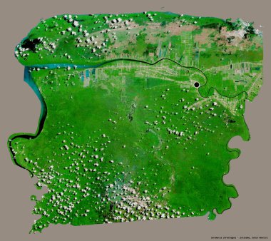 Suriname 'nin Saramacca ilçesi, başkenti katı renk arkaplanı ile izole edilmiştir. Uydu görüntüleri. 3B görüntüleme