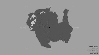 Sipaliwini bölgesi, Surinam bölgesi, katı bir arka planda izole edilmiş bir sınır kutusunda. Etiketler. Çift seviyeli yükseklik haritası. 3B görüntüleme