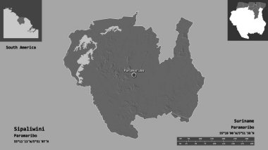 Sipaliwini 'nin şekli, Surinam bölgesi ve başkenti. Uzaklık ölçeği, ön gösterimler ve etiketler. Çift seviyeli yükseklik haritası. 3B görüntüleme