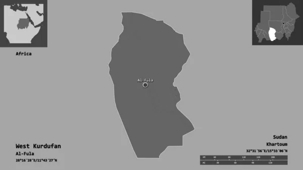 苏丹州西库尔杜凡的形状及其首都 距离刻度 预览和标签 Bilevel高程图 3D渲染 — 图库照片