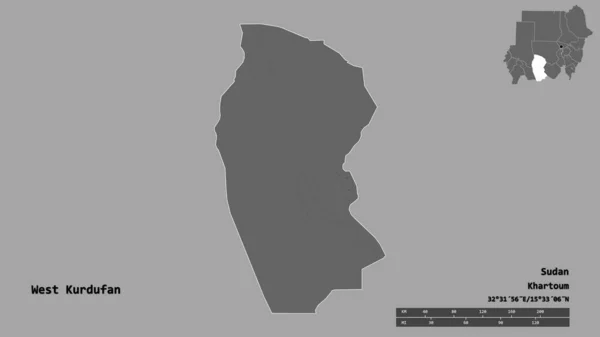 苏丹州西库尔杜凡的形状 其首都在坚实的背景下与世隔绝 距离尺度 区域预览和标签 Bilevel高程图 3D渲染 — 图库照片