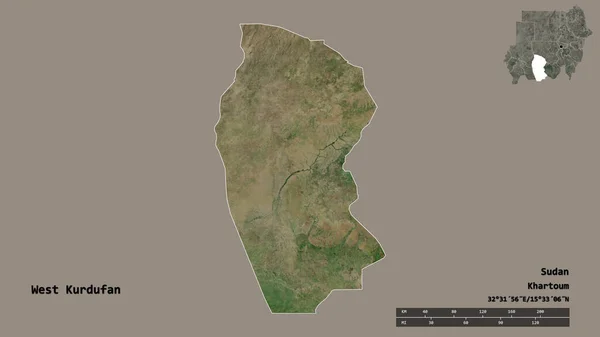 苏丹州西库尔杜凡的形状 其首都在坚实的背景下与世隔绝 距离尺度 区域预览和标签 卫星图像 3D渲染 — 图库照片