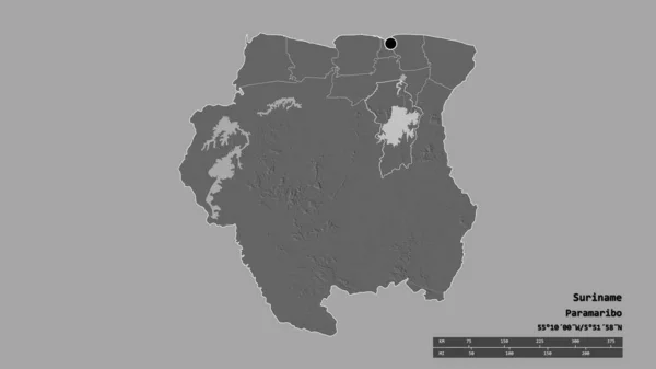 Forme Désaturée Suriname Avec Capitale Principale Division Régionale Région Séparée — Photo