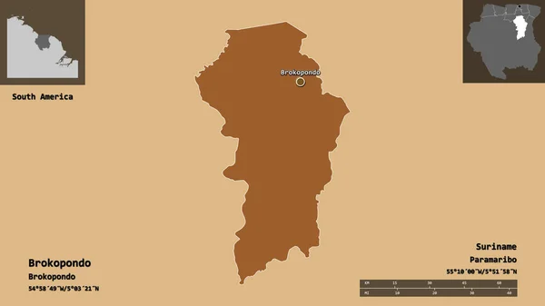 苏里南地区Brokopondo的形状及其首都 距离刻度 预览和标签 图形纹理的组成 3D渲染 — 图库照片