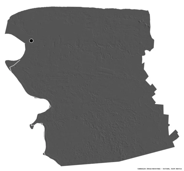 苏里南Commewijne区的形状 其首都因白色背景而孤立 Bilevel高程图 3D渲染 — 图库照片
