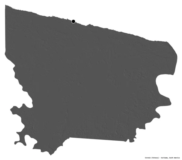 苏里南科罗尼区的形状 其首都被白色背景隔离 Bilevel高程图 3D渲染 — 图库照片
