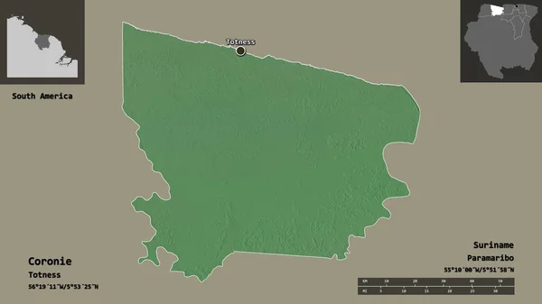 苏里南地区科洛尼的形状及其首都 距离刻度 预览和标签 地形浮雕图 3D渲染 — 图库照片