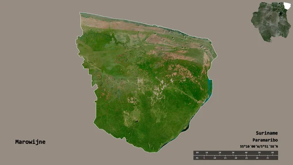苏里南Marowijne区的形状 其首都在坚实的背景下与世隔绝 距离尺度 区域预览和标签 卫星图像 3D渲染 — 图库照片