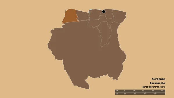 Desaturyzowany Kształt Surinamu Jego Stolicą Głównym Oddziałem Regionalnym Wydzielonym Obszarem — Zdjęcie stockowe