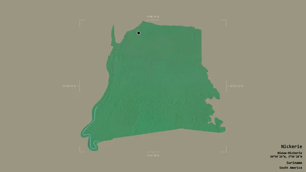 スリナムの地区 ニクリーのエリアは 洗練された境界ボックスにしっかりとした背景に隔離されています ラベル 地形図 3Dレンダリング — ストック写真