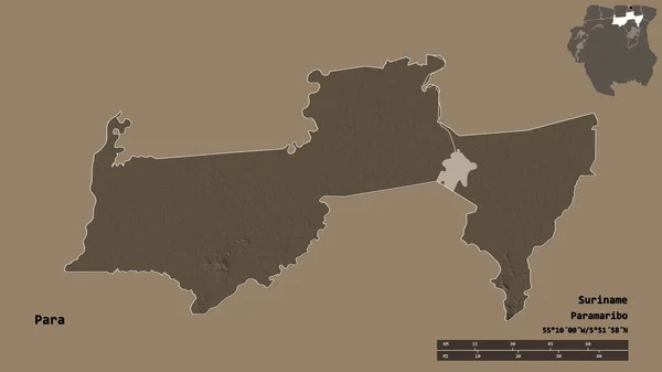 スリナム地方のパラの形で その首都はしっかりとした背景に隔離されています 距離スケール リージョンプレビュー およびラベル 色の標高マップ 3Dレンダリング — ストック写真