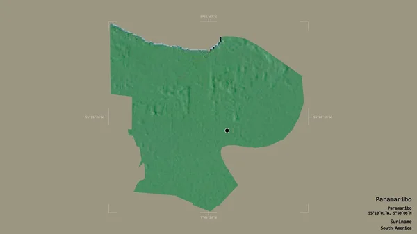 スリナムの地区パラマリボのエリアは 洗練された境界ボックス内のしっかりとした背景に隔離されています ラベル 地形図 3Dレンダリング — ストック写真