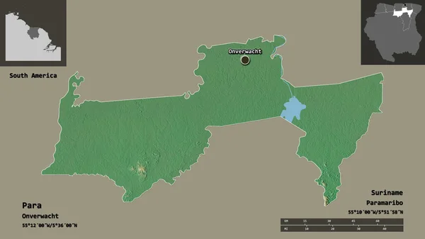 苏里南地区的Para形状及其首都 距离刻度 预览和标签 地形浮雕图 3D渲染 — 图库照片