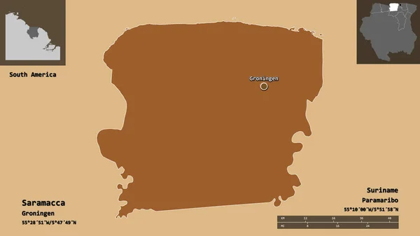 スリナム県サラマッカ市とその首都の形 距離スケール プレビューおよびラベル パターン化されたテクスチャの構成 3Dレンダリング — ストック写真