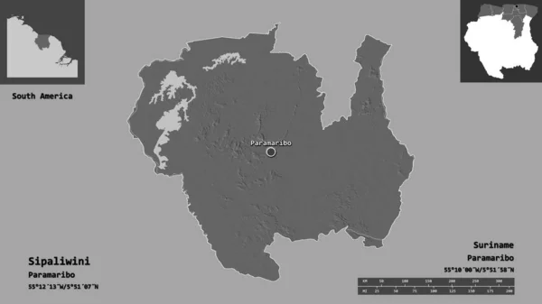 Forma Sipaliwini Distretto Del Suriname Sua Capitale Scala Distanza Anteprime — Foto Stock