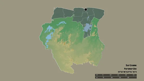 Forme Désaturée Suriname Avec Capitale Principale Division Régionale Région Séparée — Photo