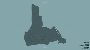 Wanica bölgesi, Suriname bölgesi, jeoreferated sınır kutusunda sağlam bir arka planda izole edilmiş. Etiketler. Renkli yükseklik haritası. 3B görüntüleme